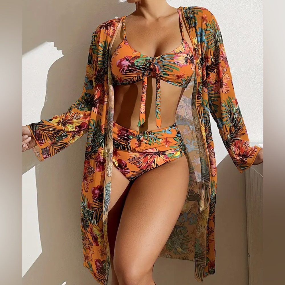 Orange Tropical Bikini & Cover Up, Print High Stretch 3 Piece